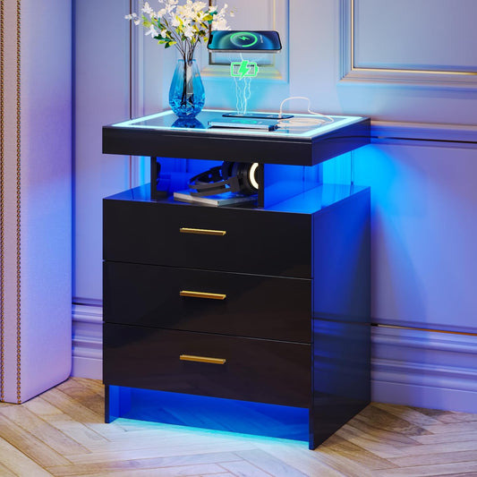 Lvifur Led-nachtkastje met oplaadfunctie, smart nachtkastje met 3 lichtpunten, dimbaar, hoogglans dressoir met 3 laden, USB Type-C, automatische sensor, slaapkamer, zwart