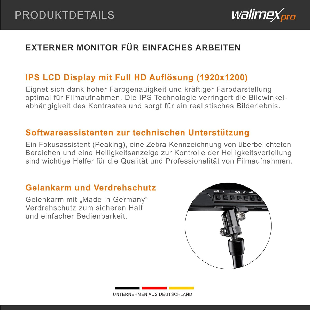 Walimex pro Full HD Monitor Director III Set - 7 inch IPS LCD-scherm - scharnierarm & bescherming tegen verdraaien - Focusassistent - met HDMI en AV-ingang - Inclusief batterij & oplader
