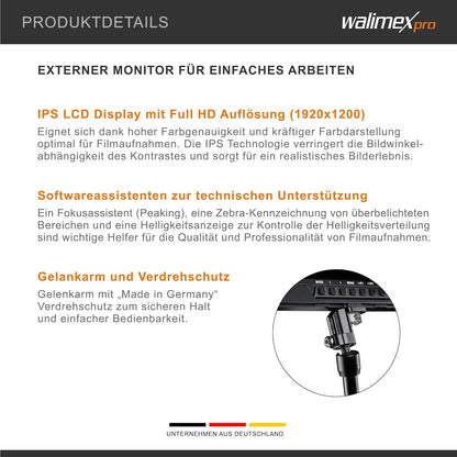 Walimex pro Full HD Monitor Director III Set - 7 inch IPS LCD-scherm - scharnierarm & bescherming tegen verdraaien - Focusassistent - met HDMI en AV-ingang - Inclusief batterij & oplader