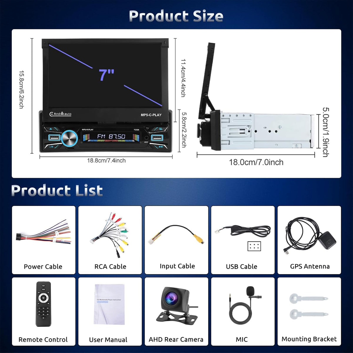 【2+64G】Podofo Android-autoradio 1Din met 7'' touchscreen Automatisch scherm Draadloos Carplay/Android Auto Bluetooth 5.1 FM/RDS 2USB/MIC/Type c/AUX/Stuurbediening met AHD achteruitrijcamera