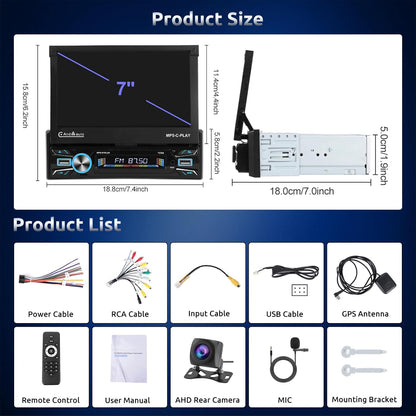 【2+64G】Podofo Android-autoradio 1Din met 7'' touchscreen Automatisch scherm Draadloos Carplay/Android Auto Bluetooth 5.1 FM/RDS 2USB/MIC/Type c/AUX/Stuurbediening met AHD achteruitrijcamera