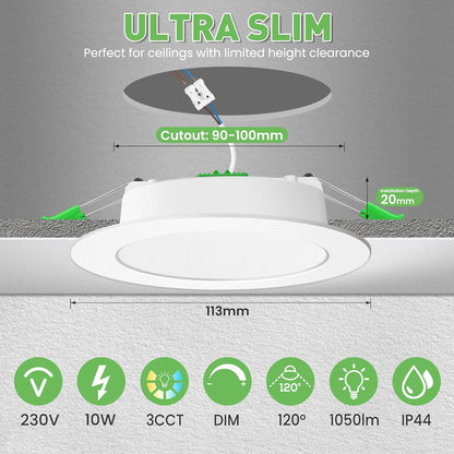 ALUSSO LED Downlights Plafond Dimbaar 10W 1050LM IP44 Inbouw Plafondlampen, 3CCT 3000K Warm 4000K Neutraal 6500K Cool Verstelbare Badkamer Spotlights, Wit, 12 Pack