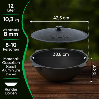 Utschak Kazan Fire Stove with Thermometer Cast Iron Pan Round Bottom with Lid (12 L), Skimmer 48 cm, Ladle 48 cm KazanoFF Fire Bowl Camping Kazan Goulash Cannon Dutch Oven (Set 3) - QUORE