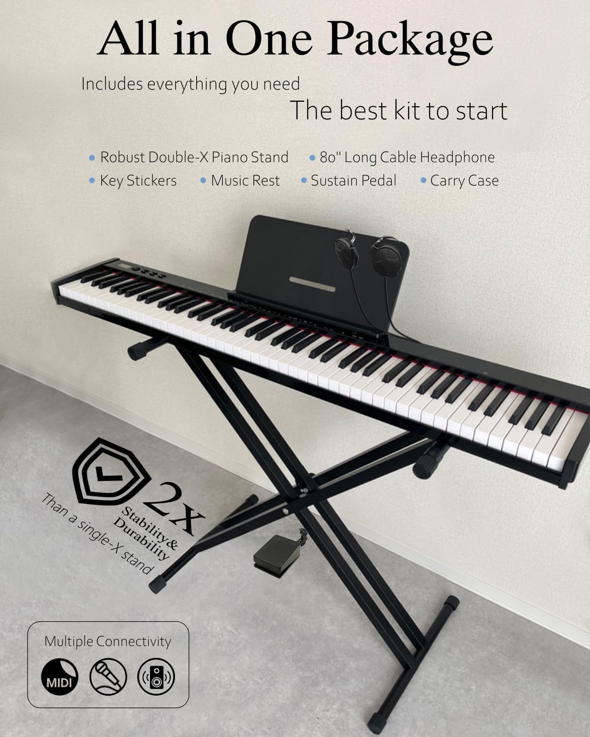 Digitale piano – Keyboard – Elektrisch toetsenbord – Piano keyboard – Elektrische piano – 88 Volledige Toetsen, Semi Verzwaarde Aanslag, Zwart – Compact en Draagbaar met Draagtas, Muziekstandaard, Sustain Pedaal en Hoofdtelefoon