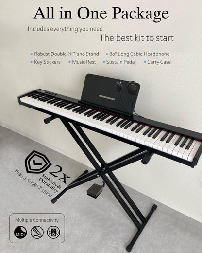 Digitale piano – Keyboard – Elektrisch toetsenbord – Piano keyboard – Elektrische piano – 88 Volledige Toetsen, Semi Verzwaarde Aanslag, Zwart – Compact en Draagbaar met Draagtas, Muziekstandaard, Sustain Pedaal en Hoofdtelefoon