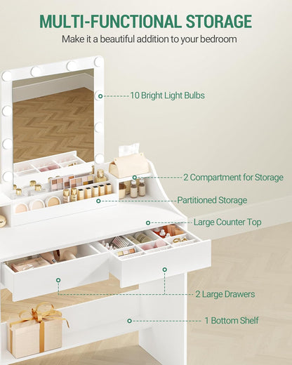 Hzuaneri Dressing Table 90cm with LED Lighting, Adjustable Brightness, Dressing Table with Mirror, Sideboard with 2 Drawers and 2 Open Compartments, Modern, WhiteDT40703X