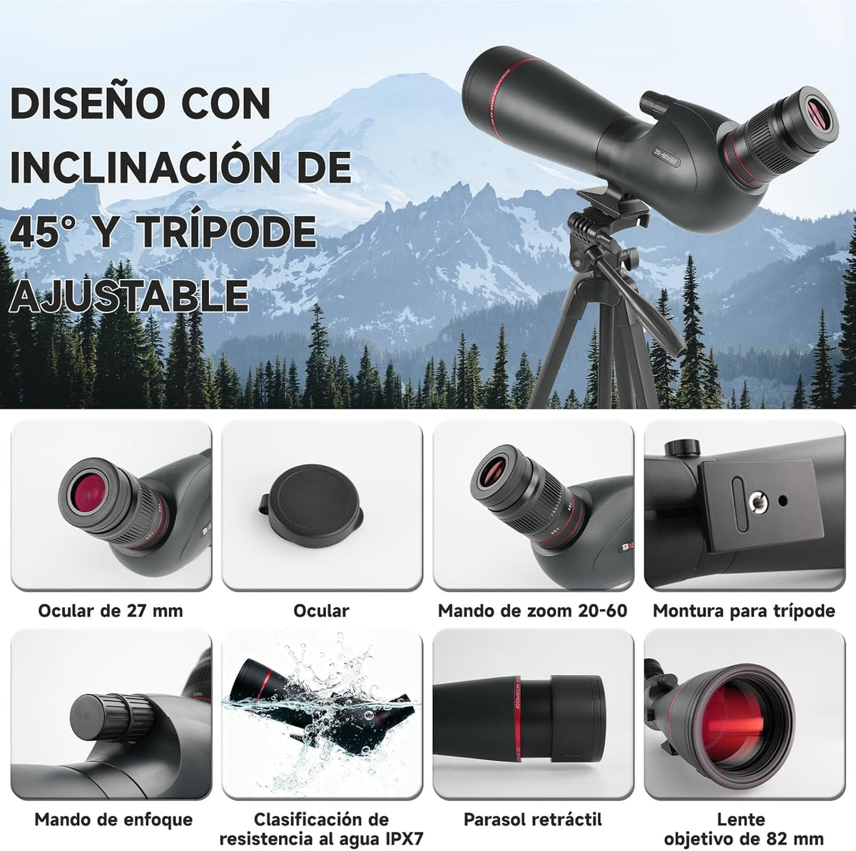 Ultra HD 20-60 x 82 telescoop, FMC-lens, BAK4-prisma, IPX7 waterdicht, met statief, tas en adapter, voor vogels spotten, wilde dieren observeren en schietoefeningen