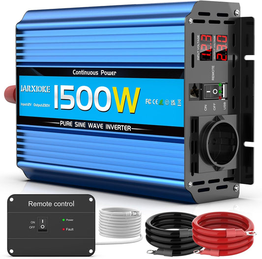 Omvormer Zuivere Sinus 1500W Spanningsomvormer 12v 220v 230v met LED-scherm, EU stopcontacten,USB-poorten Stroomomvormer Piek 3000W