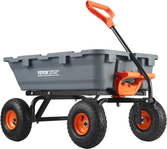 VEVOR 800 lbs Poly Dump Tuin Cart, Heavy Duty Yard Dump Cart Wagon, 4 wiel kruiwagen met 10" banden, 180 ° draaibare handgreep, stalen frame en Quick Release System