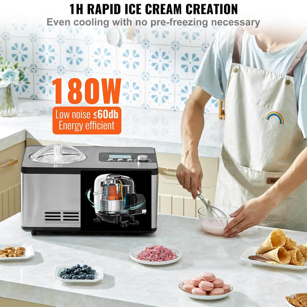 VEVOR Compressor ijsmachine, ijsmachine, 2 l, 180 W, Frozen yoghurtbereider, 3 modi, yoghurtmachine, huishouden, draagbare ijsmachine, sorbet gelato, geluidsarm, zilver, elektrisch