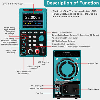 Programmeerbare labvoeding en multimeter 2 in 1 (0-30V, 0-10A) Labvoeding met datageheugen, hoge precisie, OCP, OVP, PC-software en DC310Pro USB-opladen