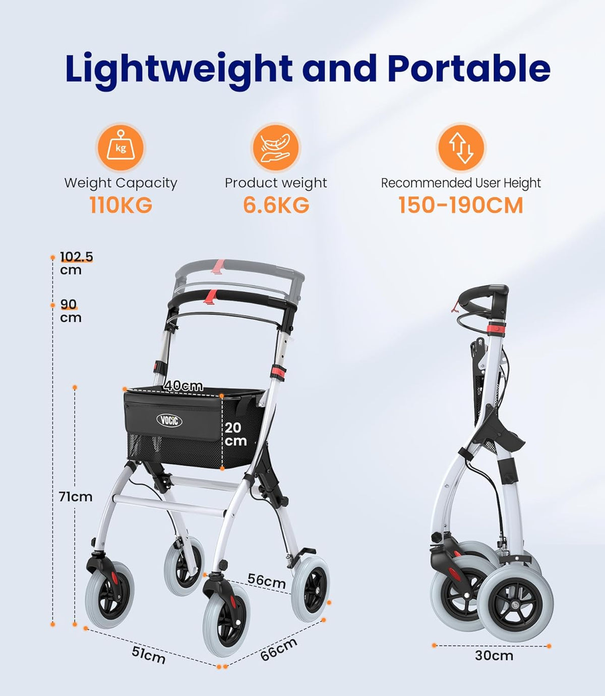 VOCIC Z32 Rollator Slim voor thuis, binnenrollator Opvouwbaar en lichtgewicht, stabiele rollator voor thuis antislipbanden, rollators voor senioren Opvouwbare lade, wit | 5 jaar garantie