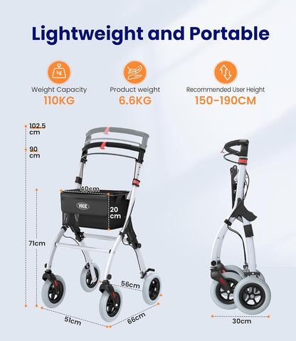 VOCIC Z32 Rollator Slim voor thuis, binnenrollator Opvouwbaar en lichtgewicht, stabiele rollator voor thuis antislipbanden, rollators voor senioren Opvouwbare lade, wit | 5 jaar garantie