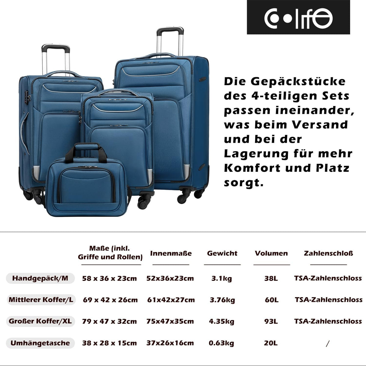 COOLIFE Trolley Koffer met 4 Wielen, Stoffen Handbagage met TSA-slot, Grote Schoudertas, Zwart+Blauw, Set 2-delig