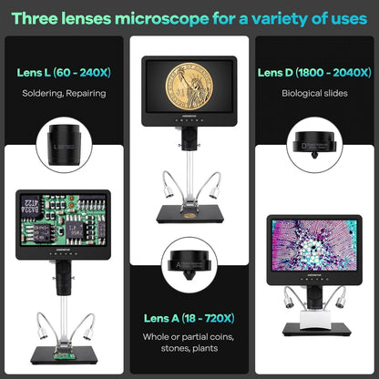 Digitale Microscoop – Soldeermicroscoop – Biologische Microscoop – Muntmicroscoop – HDMI Microscoop – 3 Verwisselbare Lenzen – UHD 2160P Video-opname