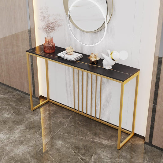FATIVO Console Table Marble Narrow Gold: Entrance Table 120 cm Scandinavian with Gold Metal Frame, Hallway Table for Bedroom Living Room 120 × 30 × 79 cm Black - QUORE