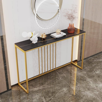 FATIVO Consoletafel marmer smal goud: entree tafel 120 cm Scandinavisch met goud metalen frame, gangtafel voor slaapkamer woonkamer 120 × 30 × 79 cm zwart
