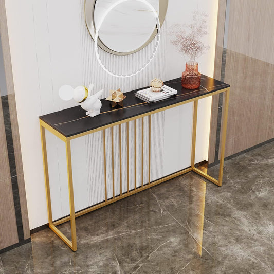 FATIVO Consoletafel marmer smal goud: entree tafel 120 cm Scandinavisch met goud metalen frame, gangtafel voor slaapkamer woonkamer 120 × 30 × 79 cm zwart