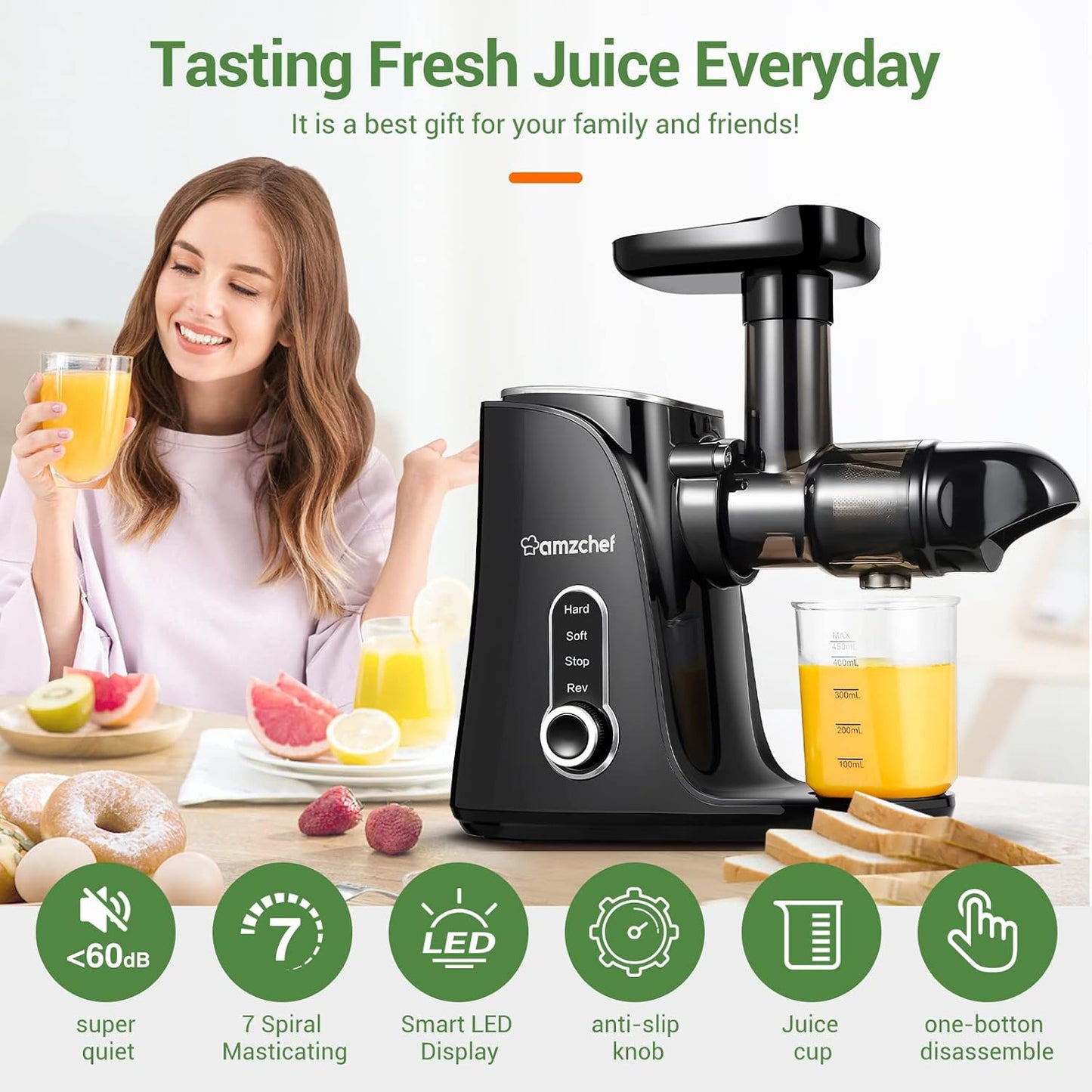 AMZCHEF Cold Press Slow Juicer met 2 snelheidsstanden （Zachte en harde stand）voor een breed scala aan fruit en groenten - Juicer wordt geleverd met een 500ml draagbare fles en twee kopjes - Zwart