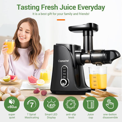 AMZCHEF Cold Press Slow Juicer met 2 snelheidsstanden （Zachte en harde stand）voor een breed scala aan fruit en groenten - Juicer wordt geleverd met een 500ml draagbare fles en twee kopjes - Zwart