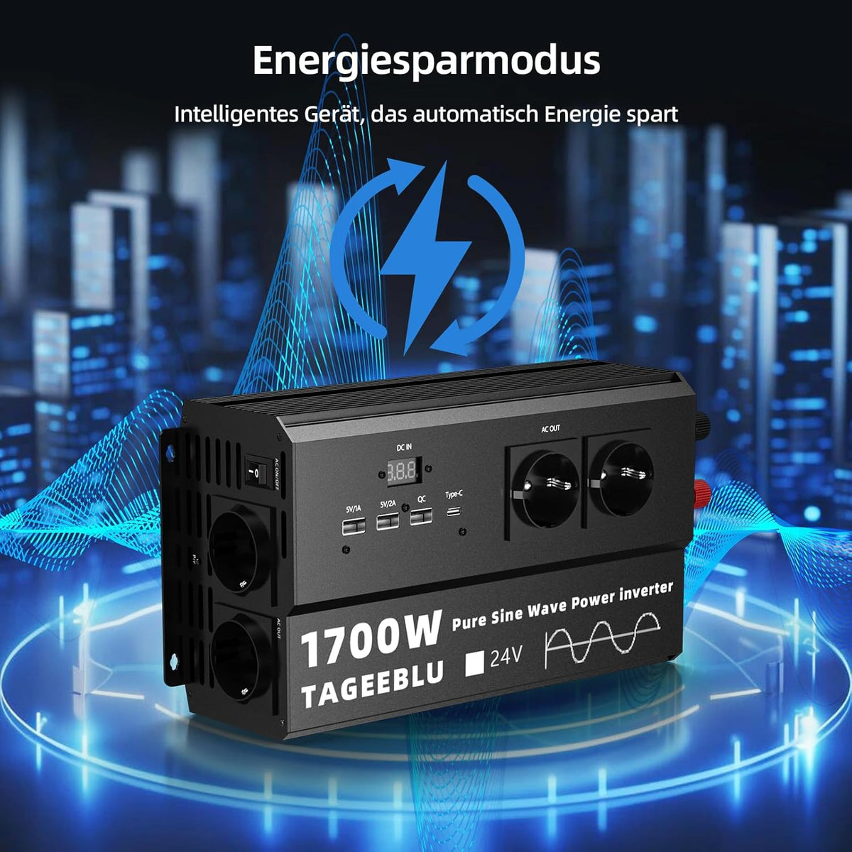 1700W 24V Pure Sine Wave inverter 24v 220v, 4 EU sockets, Type C 30W, Fast charging USB 25W, 3 USB ports, LED display
