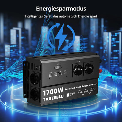 1700W 24V Pure Sine Wave inverter 24v 220v, 4 EU sockets, Type C 30W, Fast charging USB 25W, 3 USB ports, LED display