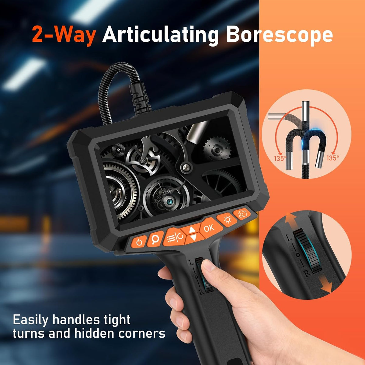 1080p endoscoopcamera, beweegbare kop, lcd-scherm van 5 inch met licht, 270 graden draaibare endoscoopcamera, 8 mm buiscamera, IP67-inspectiecamera, kanaalcamera met 32 GB SD-kaart (1 m)