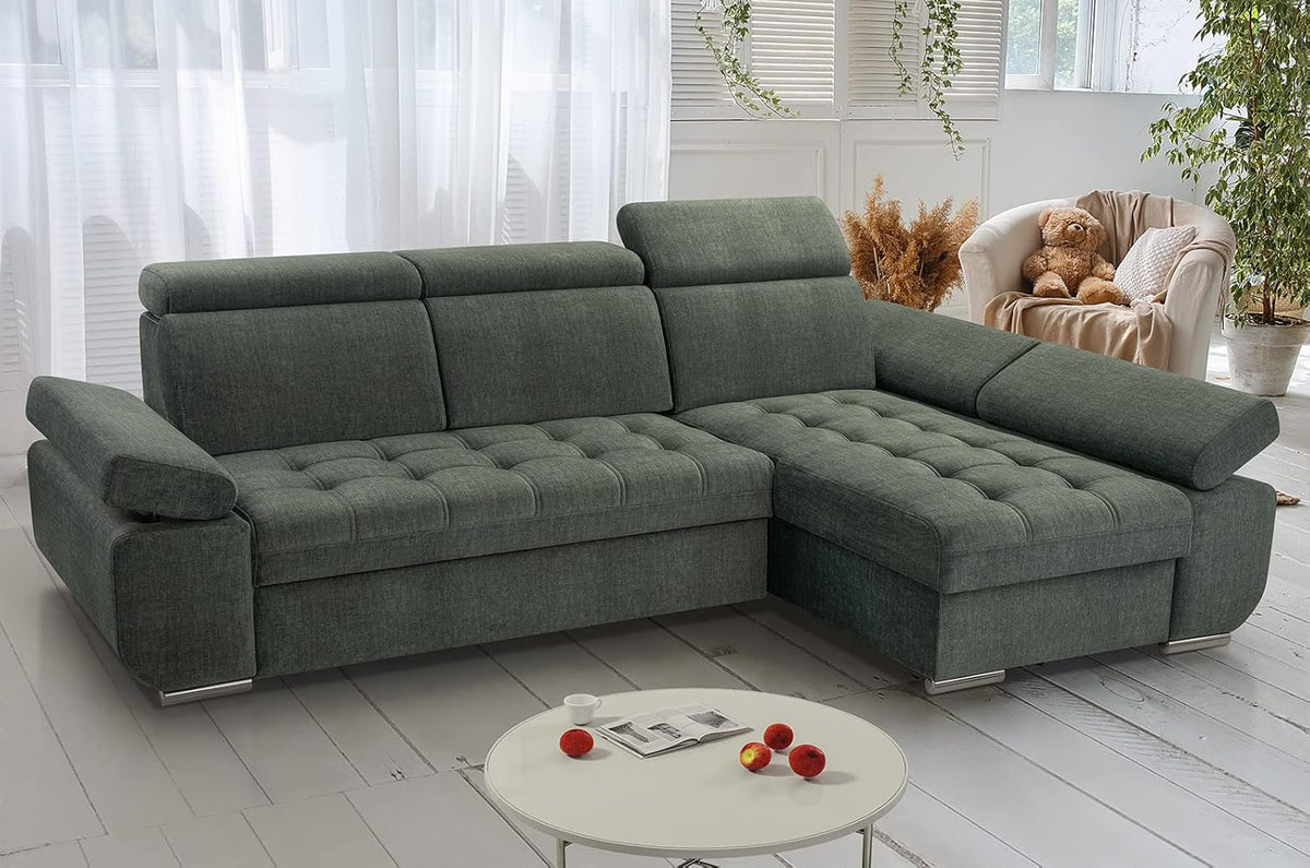 Corner Sofa with Sleeping Function and Practical Bed Drawer - Comfortable Sofa Bed L Shape 264x165cm with Movable Headrests, Folding Sofa Bianco Dark Green, Sofa Right - QUORE