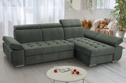 Corner Sofa with Sleeping Function and Practical Bed Drawer - Comfortable Sofa Bed L Shape 264x165cm with Movable Headrests, Folding Sofa Bianco Dark Green, Sofa Right - QUORE