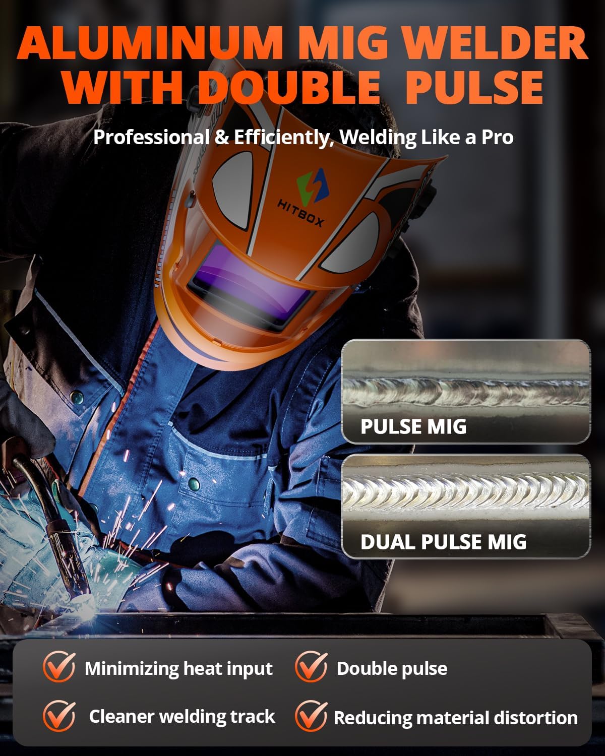 HITBOX Professionele 8-in-1 200A Dual Pulse Aluminium MIG Lasapparaat, 240V Multi-Process Lasmachine voor Enkel/Dubbel Puls MIG, Lift TIG, MMA, Puntlassen, Gas & Gasloos, Spool Gun Geschikt(HIM250DPP)