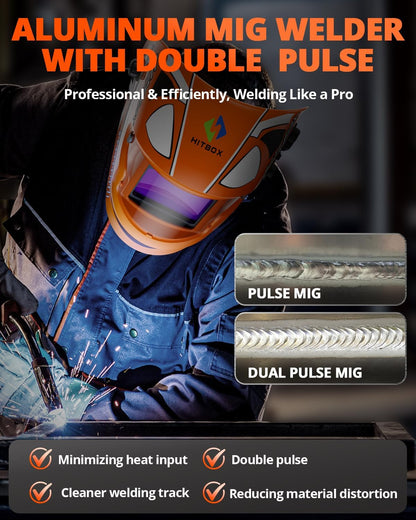 HITBOX Professionele 8-in-1 200A Dual Pulse Aluminium MIG Lasapparaat, 240V Multi-Process Lasmachine voor Enkel/Dubbel Puls MIG, Lift TIG, MMA, Puntlassen, Gas & Gasloos, Spool Gun Geschikt(HIM250DPP)