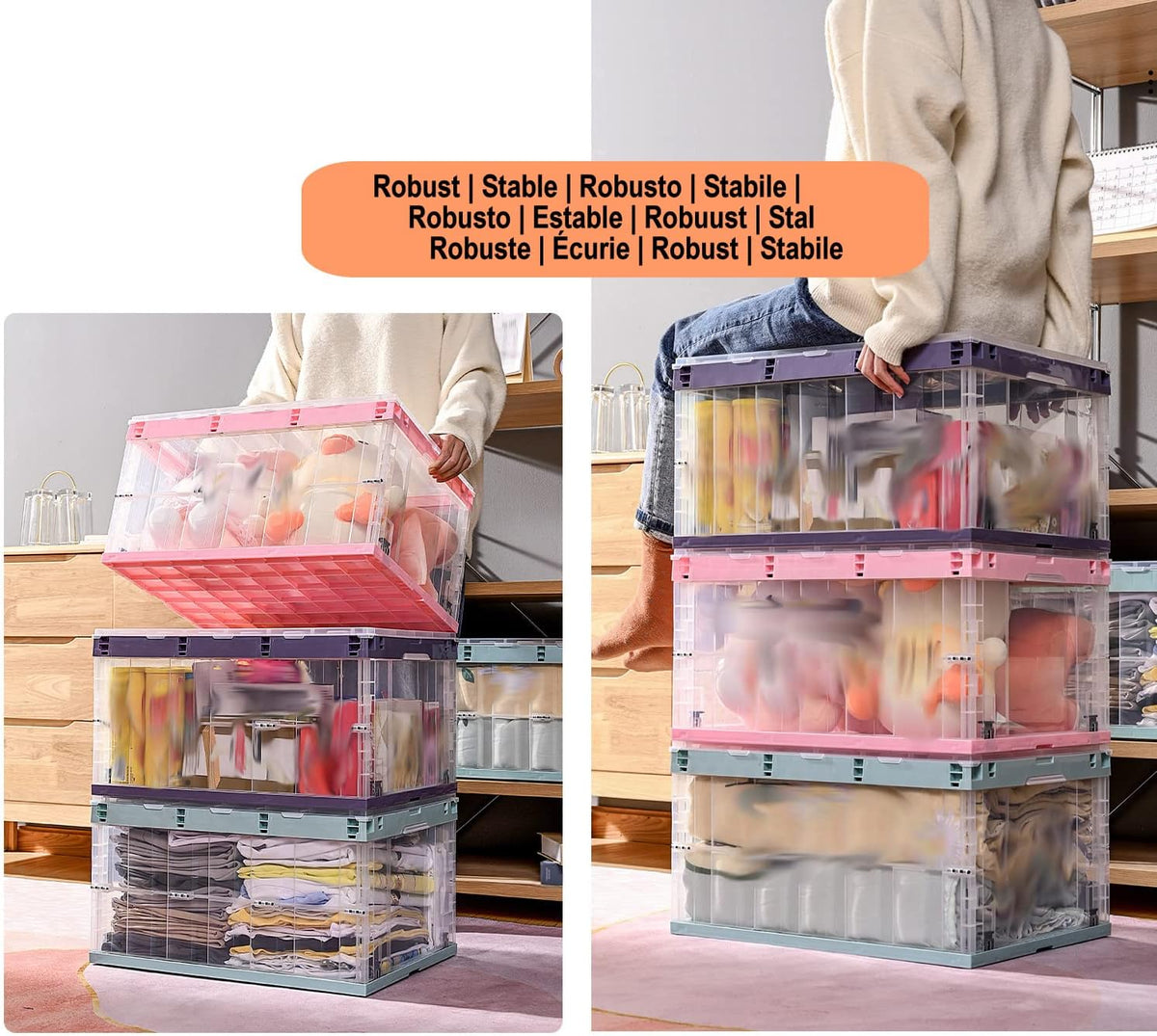 TUKA-i-AKUT TKD8640 Opvouwbare opbergdozen met deksel, stapelbaar opvouwbaar, stabiele stapelkisten met handgreep, stapelbak, organizer, vouwdozen, stapelboxen, doorzichtig, 6 x 55 l, roze, 6 x 55 l,
