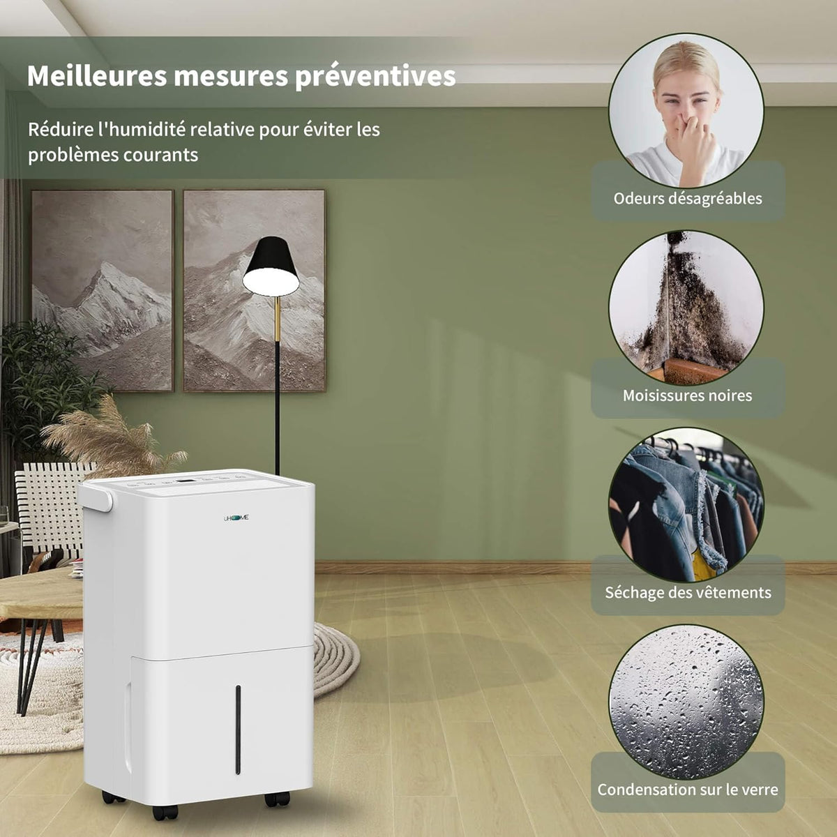 Uhome Luchtontvochtiger, elektrisch, 12 l in 24 uur, luchtontvochtiger voor 54 m³/18 m², ontvochtiger met automatische uitschakeling, vochtsensor, wasmodus, actieve koolfilter, afvoerslang (12 l