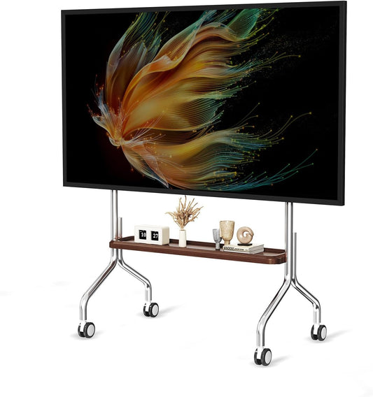 Mobiele Tv-Kar Met Enkellaagse Houten Opbergplank – Tv-Standaard – Tv-Wagen – Tv-Houder – Tv-Standaard Met Wielen – Voor 32-75 Inch LCD LED OLED En VESA 100x100-600x400 – Roestvrij Staal Met 4 Geremde 360° Zwenkwielen