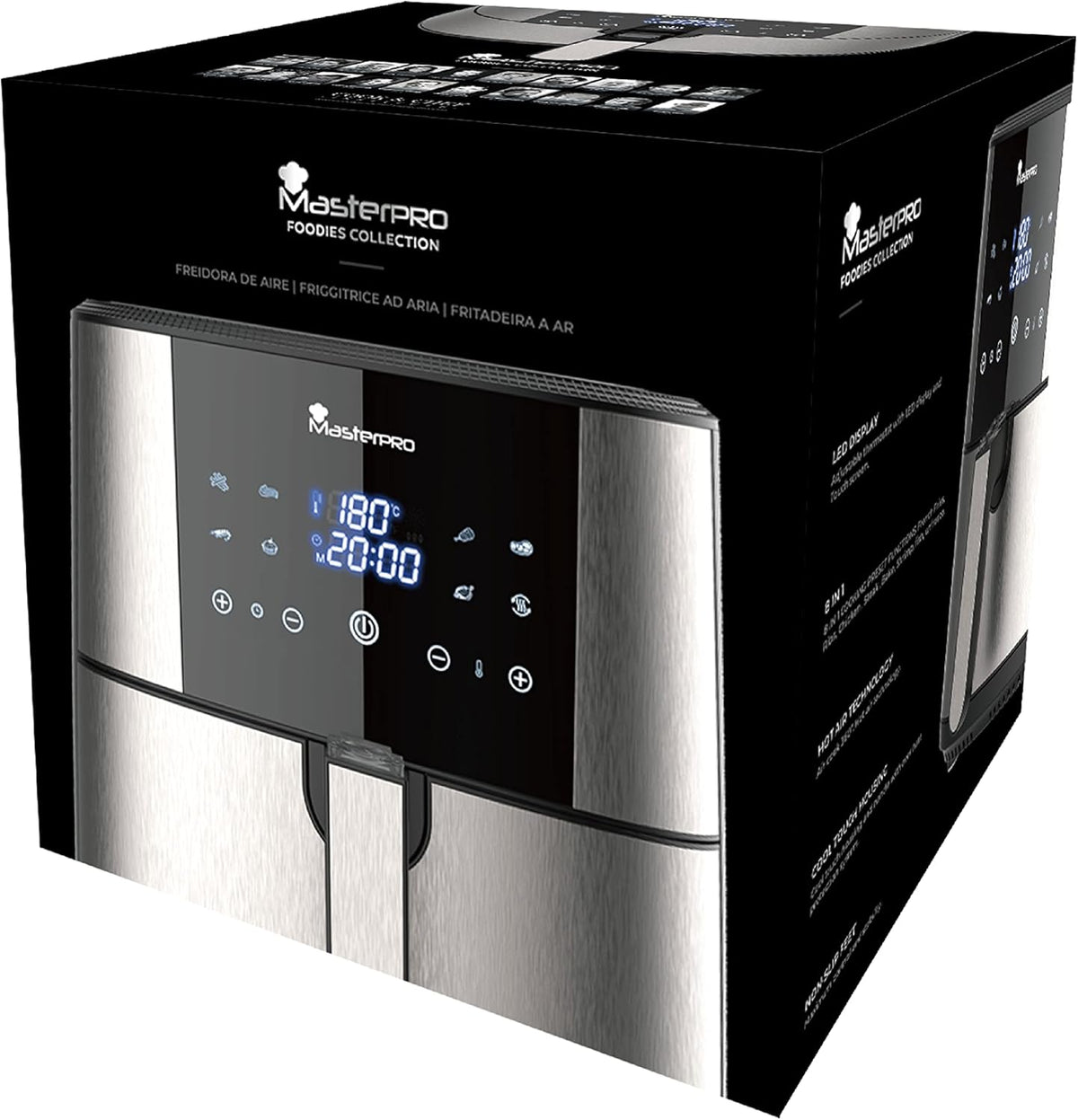 MasterPro Foodies XXL Friteuse Kit zonder olie, 6 l, 1800 W, samen met oliesproeispray, led-display en anti-aanbakmand, luchtfriteuse, 8 verschillende functies in 1