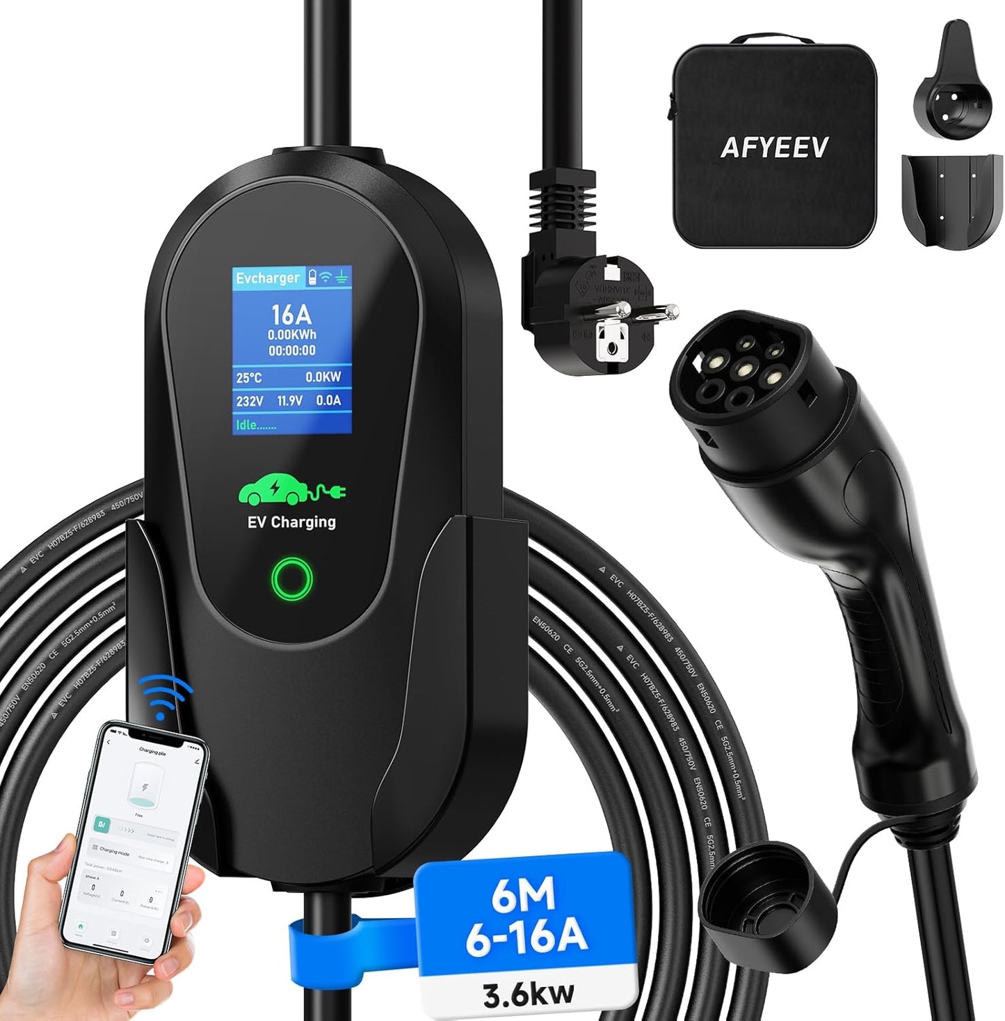 Type 2 EV-Oplader 3,68 kW [6 m 6-16 A 1-fasig], APP Enabled Type 2 Oplaadkabel Schuko Oplaadkabel Elektrische Auto, Instelbare stroom & Vertraagd opladen
