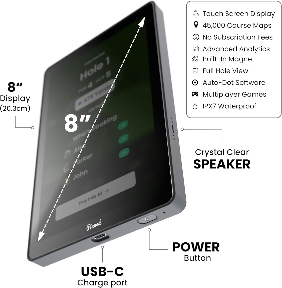 Pinned Golf Het Caddie draagbare golf GPS-apparaat - in zonlicht leesbaar 8 inch scherm, 45.000+ banen, waterdicht, touchscreen golf GPS-handheld met geavanceerde analyse, geen kosten