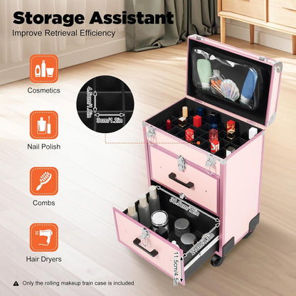 OUKANING Cosmetic Case Trolley 40 Compartments + 2 Drawers 50 kg Load Capacity 4 Universal Wheels & Locks for Make-Up Hairdressing Supplies Low Noise, pink, modern - QUORE