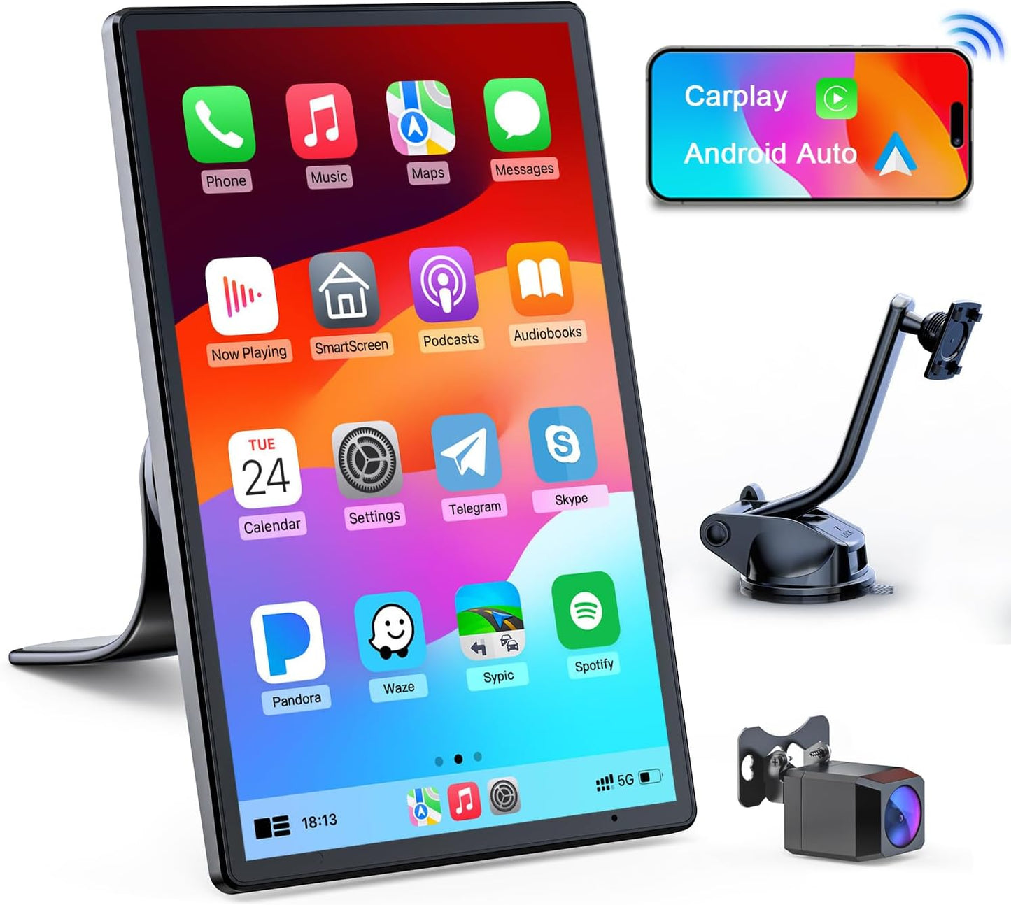 Draadloze autoradio A-pple Carplay auto met achteruitrijcamera, draagbaar touchscreen, GPS-navigatie, spraakbesturing Google/Siri, Android Auto, Bluetooth-radio, AUX/FM, Mirror Link, OTA