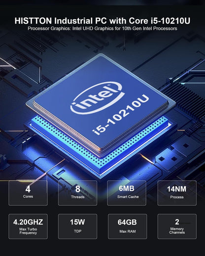 HISTTON Industriële Mini PC Windows 11 Pro, Core i5-10210U, DDR4 16GB 512GB M.2 SSD, Minicomputers Dual HD+DP 4K Triple Display, WiFi5/BT4.2/USB3.0/RS232/485COM, Mini Desktop Ondersteuning Linux