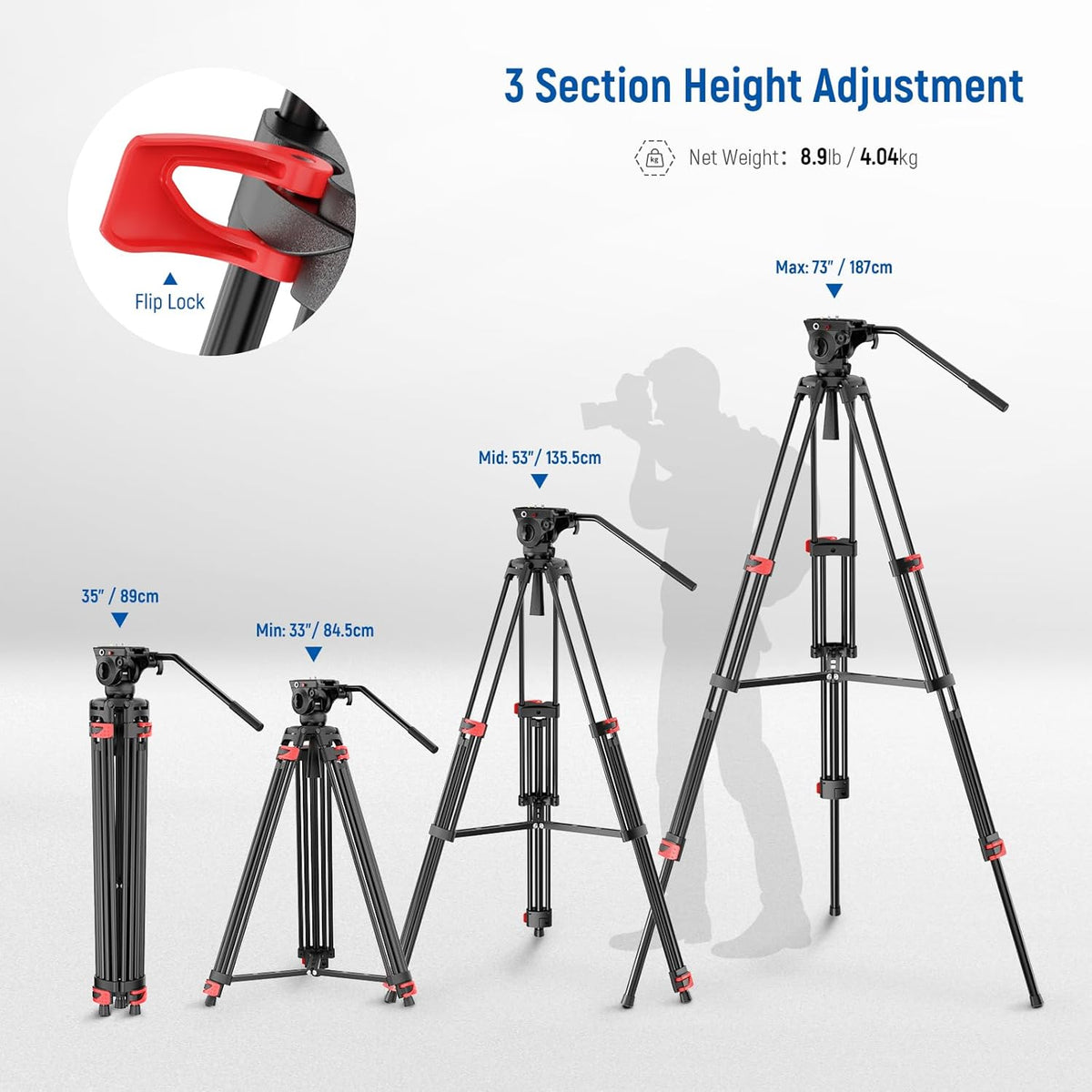 NEEWER BASICS 188 cm videostatief met gedempte vloeistofkop, metalen zware standaard voor DSLR-camera, camcorder, video-opname, QR-plaat, compatibel met Manfrotto 501, max. belasting 8 kg