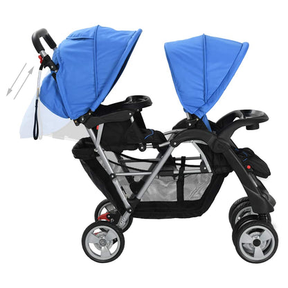 Buggy – Kinderwagen – Wandelwagen – Plooibuggy – Reisbuggy – Dubbele Zitting – Stalen Frame – Inclusief Zonnekappen – Tot 15 kg – Compact Inklapbaar – Blauw