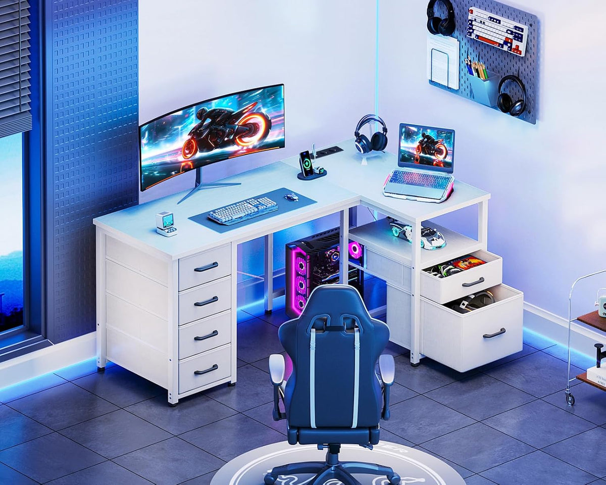 Coleshome Bureau met Stoffen laden, Omkeerbaar Bureau, 140 x 80 cm L-vorm met Aktlade, Hoekbureau met USB-Oplaadpoort en Stopcontact, Thuiskantoor, Bureau, Wit