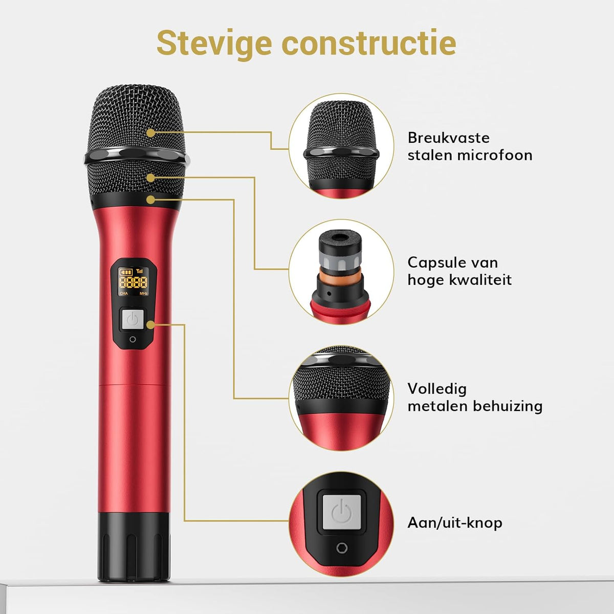 Draadloos Microfoonsysteem – Draadloze Microfoonset – Karaoke Microfoonset – Handmicrofoonset – UHF Microfoonsysteem – Set Van 2 Handmicrofoons Zilver En Rood – Tot 60 Meter Bereik – Metalen Behuizing