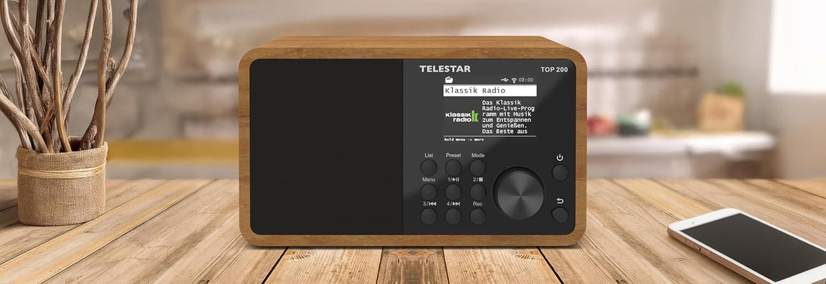 TELESTAR TOP 200 – DAB+/internetradio (mono, 10 watt, Bluetooth zender/ontvangstfunctie, USB-opname, noodwaarschuwingssysteem, app-bediening) – hout
