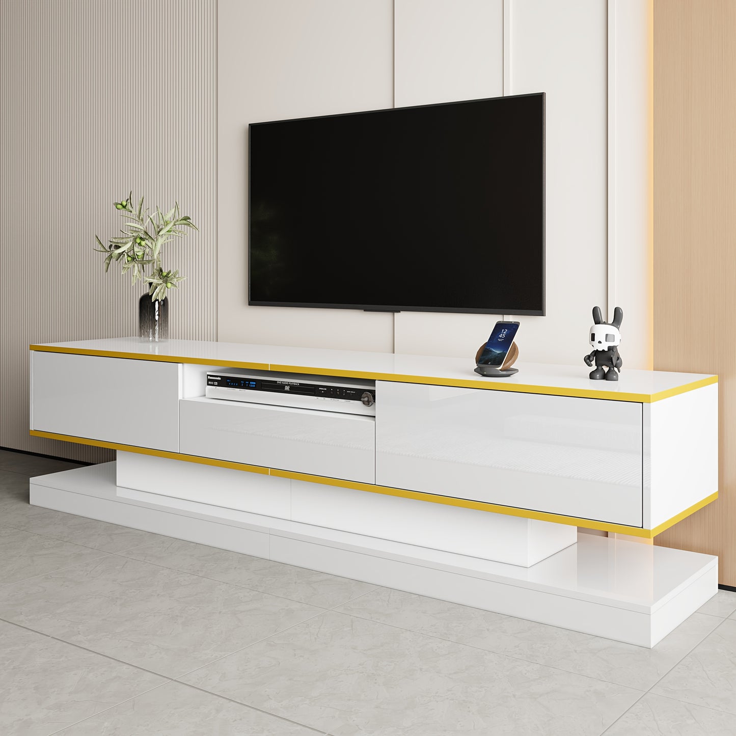 Tv Meubel – TV Kast – TV Meubelkast – Mediameubel – Entertainmentkast – Modern Design – Hoogglans Wit – 180x38x45 cm – 3 Lades en Open Vak – Zonder Stroom