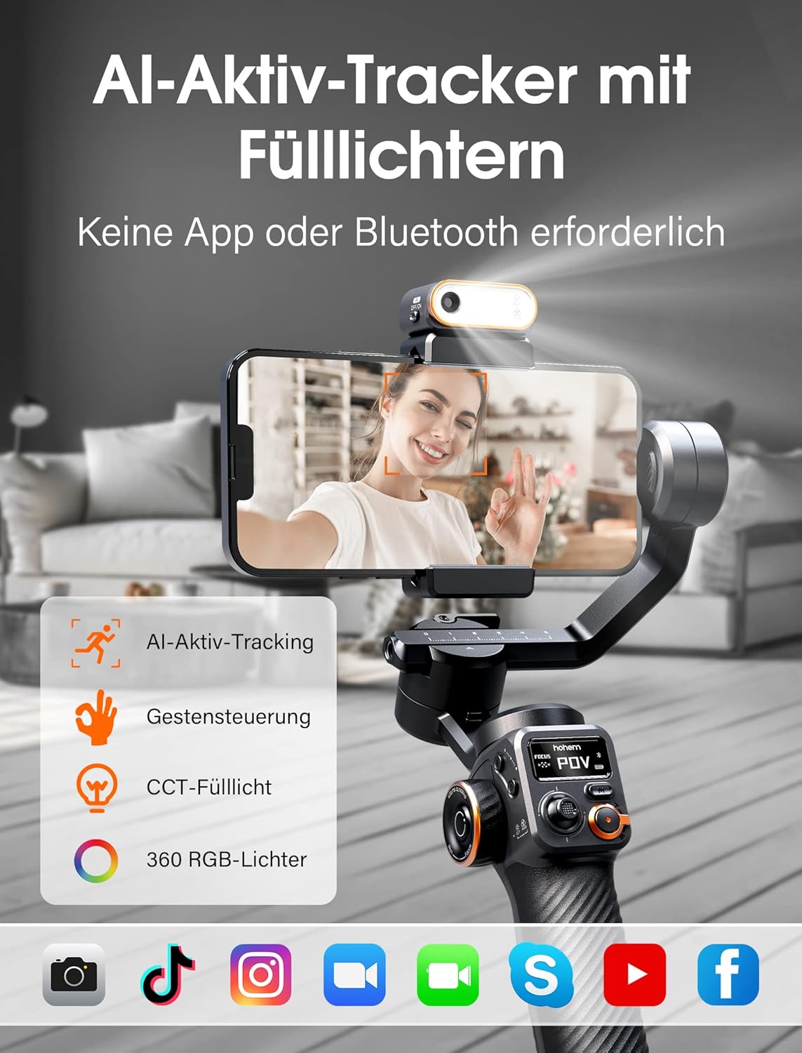 hohem iSteady M6 Stabilisatorset voor smartphone, geactualiseerde 3-assige gimbal, magnetische AI-tracker met verstelbaar CCT/RGB-licht, 0,91 inch display, max. laadvermogen 400 g, voor YouTube/vlog