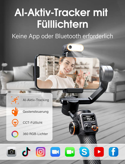 hohem iSteady M6 Stabilisatorset voor smartphone, geactualiseerde 3-assige gimbal, magnetische AI-tracker met verstelbaar CCT/RGB-licht, 0,91 inch display, max. laadvermogen 400 g, voor YouTube/vlog