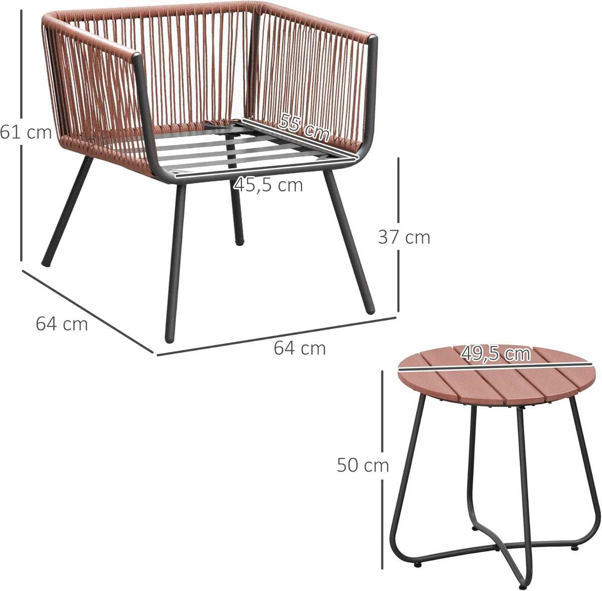 Outsunny Tuinmeubelset van polyrotan, 3-delig, stalen frame, 2 stoelen + 1 salontafel, kussens, incl. teakgrijs, oranje