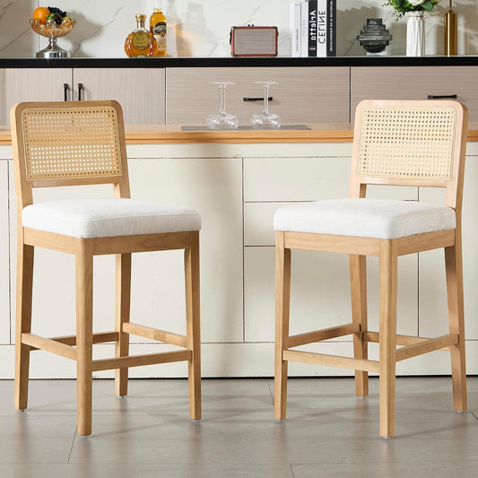 Barstoel – Barkruk – Hoog Krukje – Keukenstoel – Bistrostoel – Set van 2 – Rieten Rugleuning – Chenille Zitkussen – Massief Houten Poten – Wit - QUORE